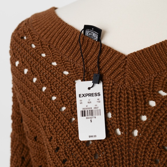 NEW Express Open Stitch Double V-Neck Dolman Sleeve Brown Sweater - Picture 5 of 7
